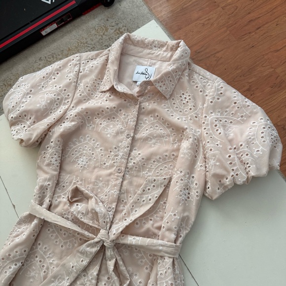 Sam Edelman Blush Pink Champagne Eyelet Puff Sleeve Belted Shirt Dress Wedding - Picture 5 of 6